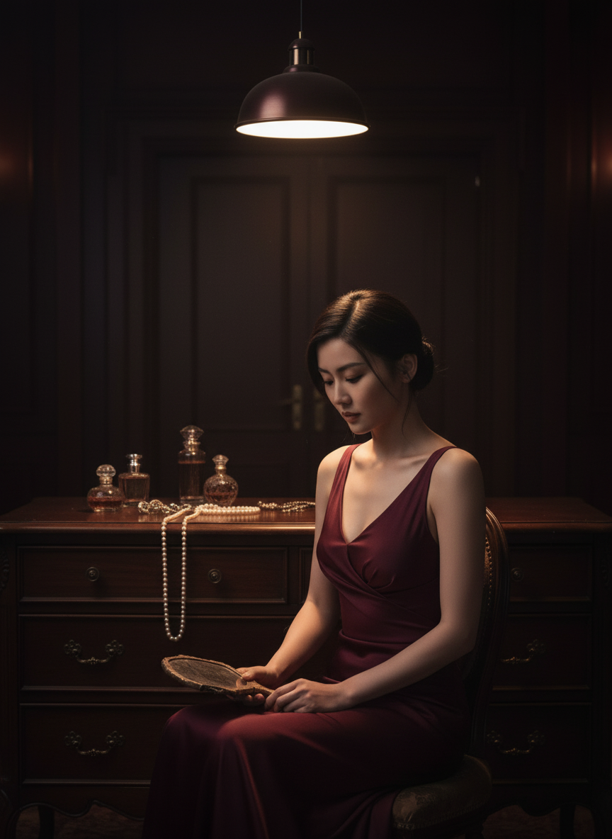 Diana — alone after the gala, old mirror face-down