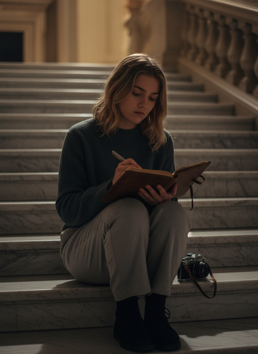 Mila — marble stairs, writing