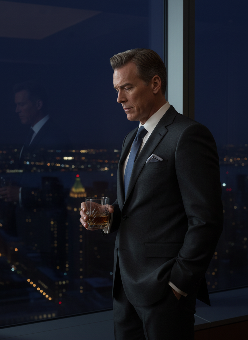 Victor — window at night, whisky